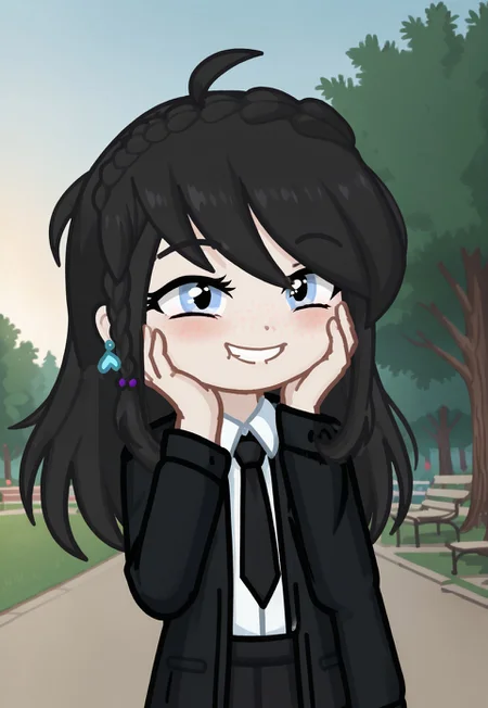 GELUGDD, GELUGDDGacha, Gacha, girl, black hair, long hair, braid, blue eyes, blue earrings, black tie, black jacket with tie, black skirt,, sunset, park, golden hour, Tasty Food, hand on face, closed eyes, happy, score_9,score_8_up,score_7_up,score_6_up,score_5_up