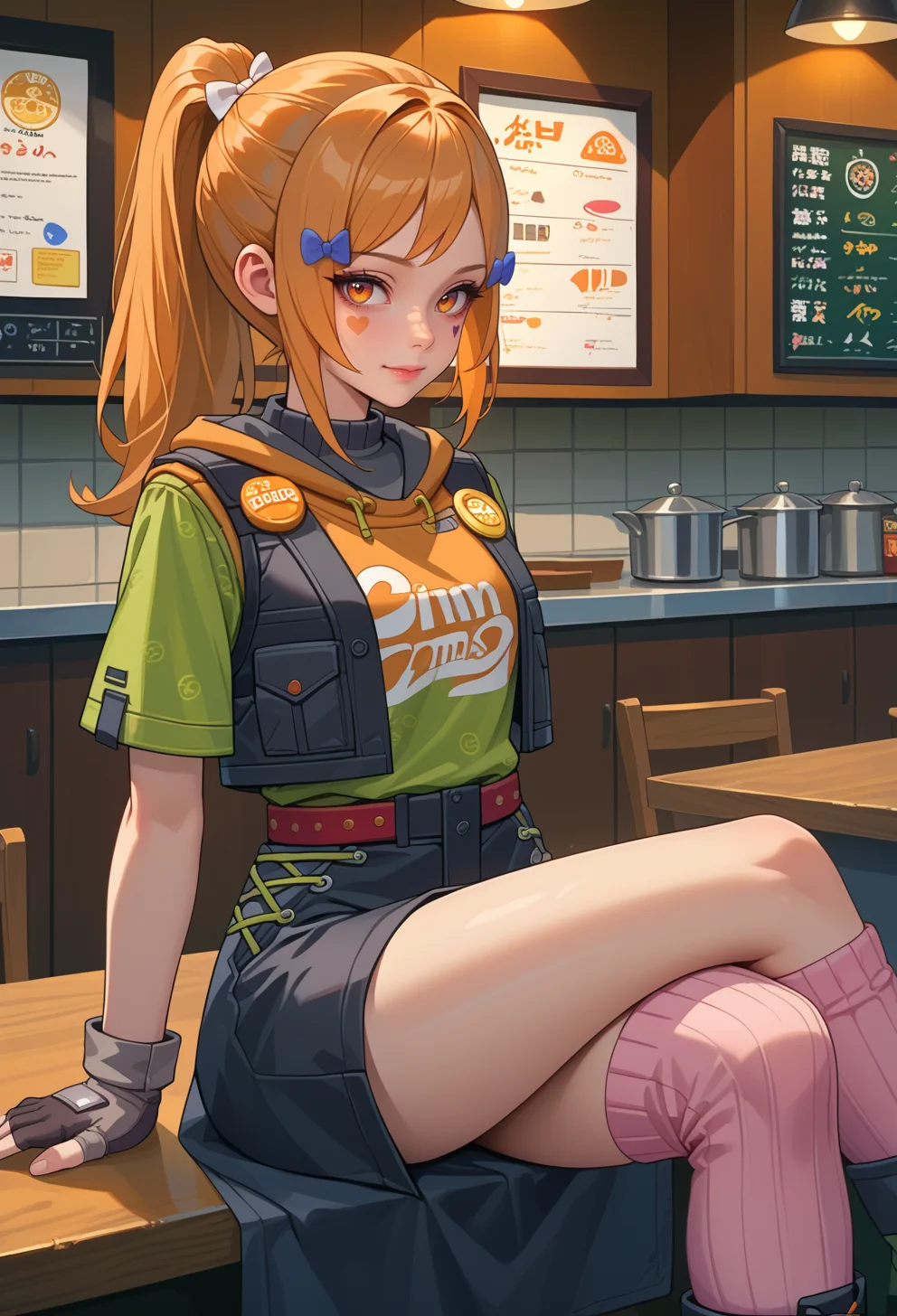score_9, score_7_up, source_anime, solo, BREAK <lora:AEHeddy:0.85> AEHeddy, orange eyes, orange hair, long hair, ponytail, sidelocks, facial mark, heart facial mark, hair bow, hair tie, hair clip, blue bow, white bow, hoodie, black skirt, black vest, green shirt, short sleeves, black gloves, fingerless gloves, grey gloves, apron, badge, red belt, long skirt, pink socks, black footwear, boots,
sitting, on counter, crossed legs, seductive smile, arms behind back, arm support, leaning back,