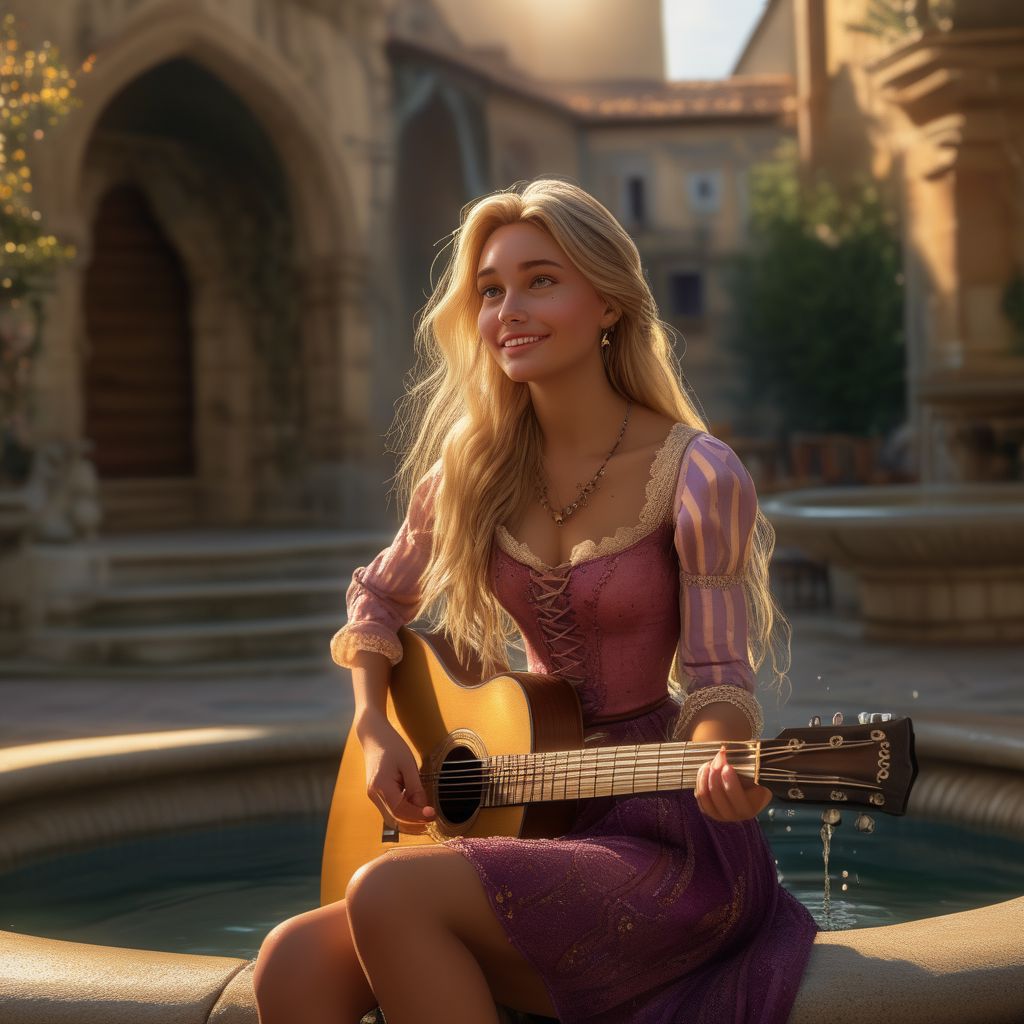 full body shot, realistic, stunningly realistic, trending on artstation, lights and shadows,rapunzel, 1girl, blonde hair, cute, sitting on the edge of a fountain, playing guitar, original style, village, upper teeth,, revealing cleavage, very seductive, detailed dress with lace, barefoot, very long blonde hair , jewelry, sexy look in the face, dynamic pose, posing gracefully on the edge of a fountain, , (masterpiece), best quality, highres, 4k, 8k, intricate detail, cinematic lighting, amazing quality, amazing shading, soft lighting, 35mm, analog style, a realistic photo, film grain, (photorealistic:0.6), taken by a canon eos r5, ultra detailed skin, ultra detailed face, perfect eye, small skin imperfections, large boobs, Stocky body, half-closed green eyes, very long blonde hair, chromatic aberration, colorful, bright colors,