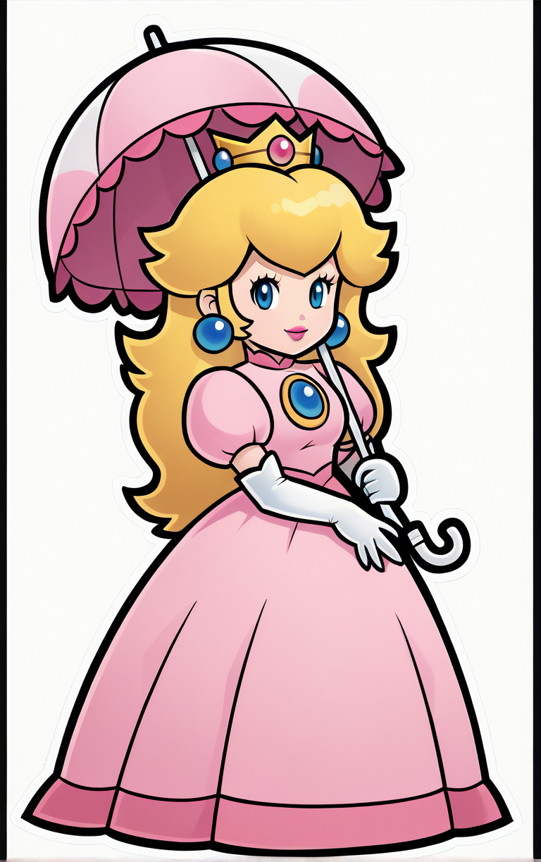 score_9, score_8_up, score_7_up, looking at viewer,  BREAK
Umbrella_PaperPeech_ownwaifu, 
princess peach, 1girl, blonde hair, umbrella, pink dress, long hair, elbow gloves, crown, jewelry, earrings, parasol, lipstick, chibi, outline, gem, white gloves, long dress, puffy short sleeves, solid oval eyes
(contrapposto, hand on hip),
<lora:PONYXL_PaperPeech_ownwaifu:0.7>