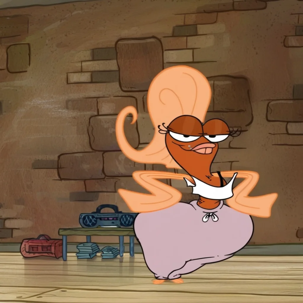 Suzie Groove, 1girl, solo, fish girl, baggy pants, tank top, large hips, score_9