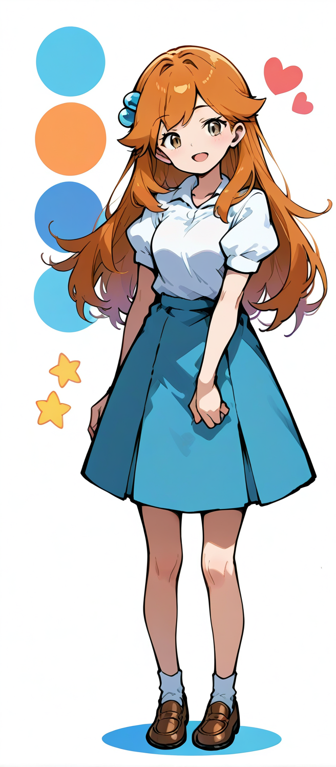 2d, masterpiece, best quality, amazing quality, 1girl, solo, close-up, standing, smile, full body, looking at viewer, simple background, colorful background, hearts, stars, lassfrlg, brown eyes, orange hair, long hair, bangs, hair bobbles, white shirt, collared shirt, short sleeves, puffy sleeves, blue skirt, pleated skirt, miniskirt, white socks, loafers, brown footwear, score_9, score_8_up, score_7_up,source_anime