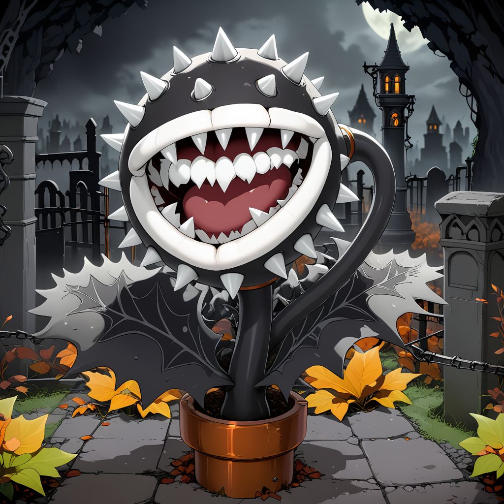 PiranhaPlantXL, black plant, spikes, white lips, spooky graveyard,  <lora:PiranhaPlantXL:1>, black pipe, (anime, masterpiece, intricate:1.3), (best quality, hires textures, high detail:1.2), (4k),(incredibly detailed:1.4),UHD, 8K, ultra detailed