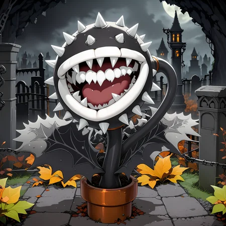 PiranhaPlantXL, black plant, spikes, white lips, spooky graveyard,  <lora:PiranhaPlantXL:1>, black pipe, (anime, masterpiece, intricate:1.3), (best quality, hires textures, high detail:1.2), (4k),(incredibly detailed:1.4),UHD, 8K, ultra detailed