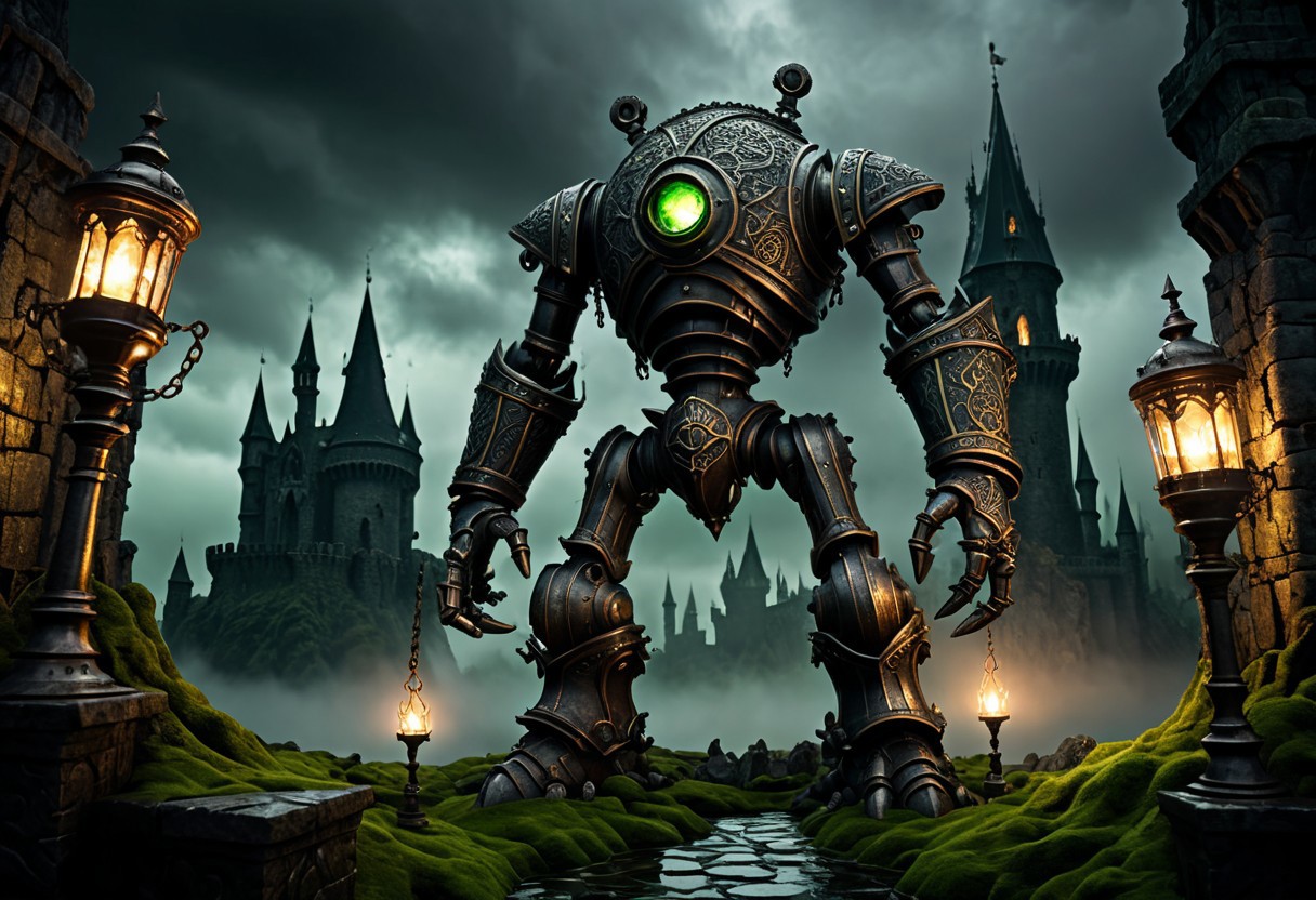 giant bipedal robot dirty dark silver and dark green, bronze paisley robot. lacy robot metal kettle head. outside of a steampunk keep. large detailed torso. dark image. one forty foot tall ancient robot with great arms and two heavy spring legs. dark foggy night background. $dark foggy night image only. dark photo realistic image. steampunk details. cogs, chains and pipes incorporated in the fantasy buildings. magic wizards tower in background. Dark swamp, moss, castle ruins, wizards tower. stormy dark night.  stormy sky.