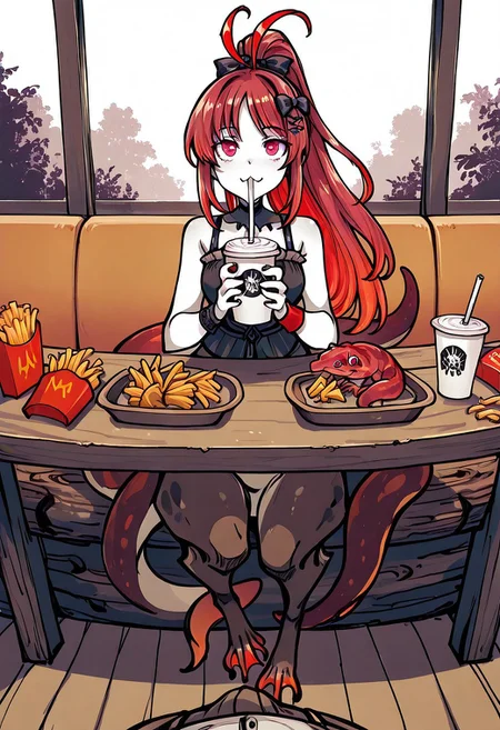 1girl, Goth girl, :3, amphibian eyes, restaurant, bow, centauroid, colored skin, hair bow, hair ornament, hair ribbon, log, long hair, looking up, sitting on log, monster girl, multicolored hair, multicolored skin, red eyes, red hair, ribbon, salamander, tail, taur, webbed feet , webbed hands, , antenna hair, cup, disposable cup, drinking, drinking straw, drinking straw in mouth, food, french fries, high ponytail, holding, holding cup, long hair, ponytail, pov across table, restaurant, table, wristband,
(masterpiece:1.2),(best quality:1.2), monochrome, sketch, (flat color:0.5), (Semi realistic:0.3), (minimalistic:0.6), ink scenery, muted color, ink art , newest, ai-generated,anime screencap, intricate details, tokiame, afkArenaStyle, ,flatstyle, flat color, outlines,