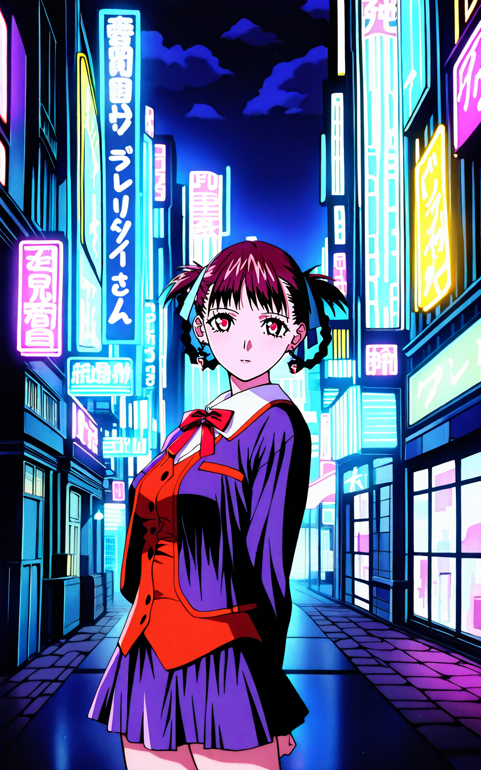 masterpiece:1.2, detailed, kaitoero artstyle, 1girl, solo, sawakto, sukurusora outfit, bangs, brown hair, red eyes, long sleeves, makeup, ribbon, jewelry, jacket, hair ribbon, braid, earrings, kurisutaruxx earrings, hair rings, uniform, vest, skirt, standing, (cowboy shot), city, night, building, neon lights, street, sign, road, sky, cloud, looking at viewer, <lora:kite:1>