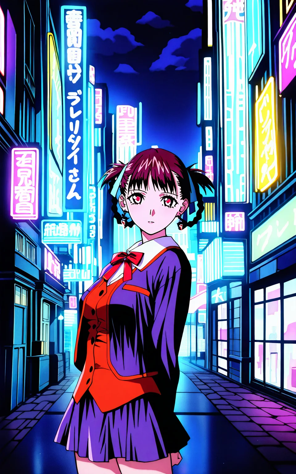 masterpiece:1.2, detailed, kaitoero artstyle, 1girl, solo, sawakto, sukurusora outfit, bangs, brown hair, red eyes, long sleeves, makeup, ribbon, jewelry, jacket, hair ribbon, braid, earrings, kurisutaruxx earrings, hair rings, uniform, vest, skirt, standing, (cowboy shot), city, night, building, neon lights, street, sign, road, sky, cloud, looking at viewer, <lora:kite:1>