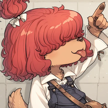 BREAK, <lora:Wappa_Charlotte:1>, Wappa Charlotte, Fuga: Melodies of Steel, kemono, furry female, young female, 1girl, dog girl, tan fur, hair over eyes, red hair, bangs, dog tail, Fuga 1 appearance, topknot, ponytail, hair bow,
BREAK, Fuga 1 Outfit, baggy overalls, white blouse, long sleeves, brown satchel, shoulder bag,
BREAK, solo, face focus, close-up, looking away, pointing, arm up, tongue out,