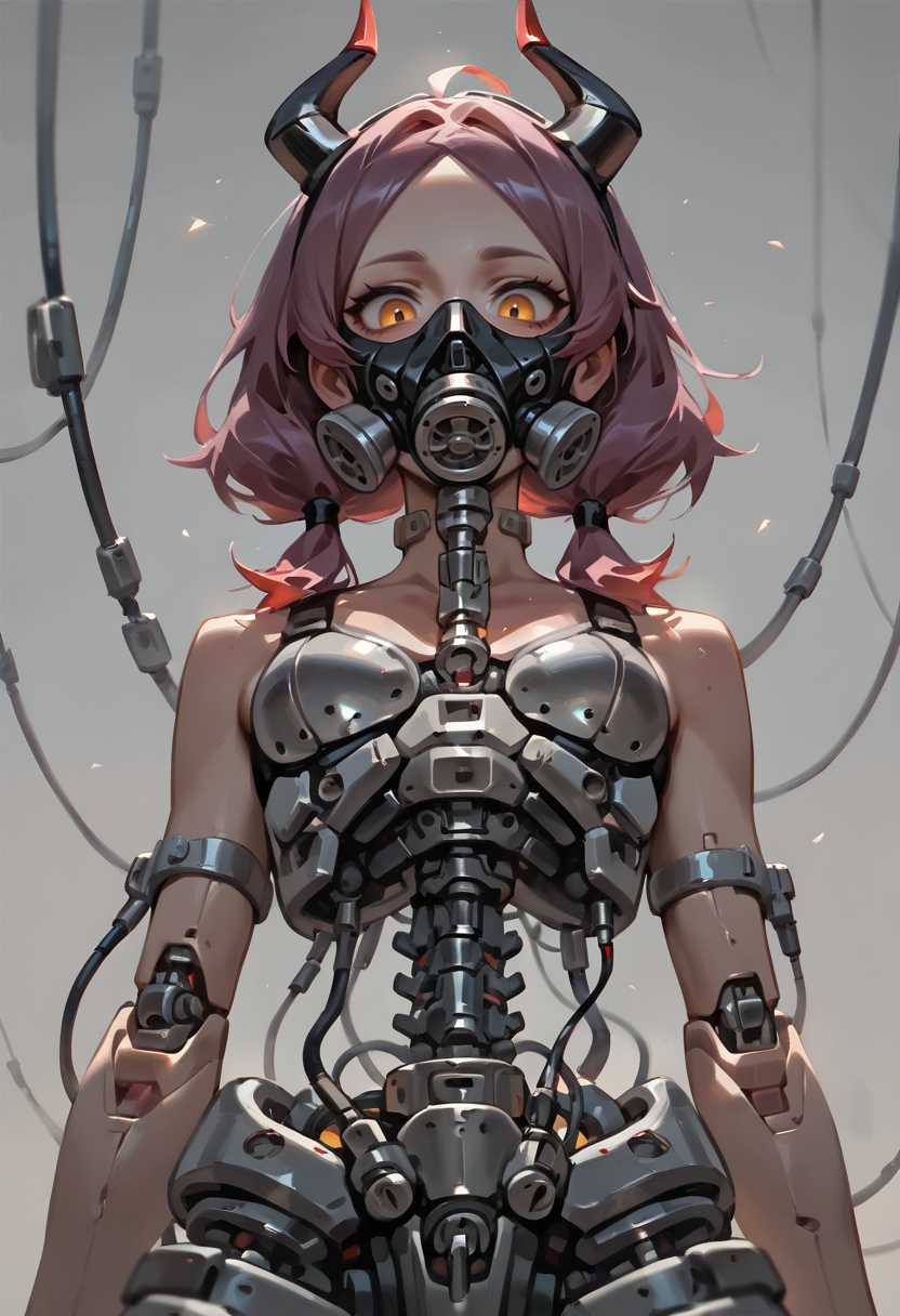 1girl,  aged down, crimson hair,  short hair,  tri tails, parted bangs,   small breasts,    
BREAK   1girl, food in mouth, incoming pocky kiss, from below,   smile,      
BREAK                  horns,  purple hair, glowing eyes, skull, fake horns, cable, cyborg, gas mask, mechanical parts, tube, respirator, (grey background),       
BREAK general, very awa, masterpiece, best quality, absurdres, highres, newest, <lora:Otididae_v1.0:0.8>