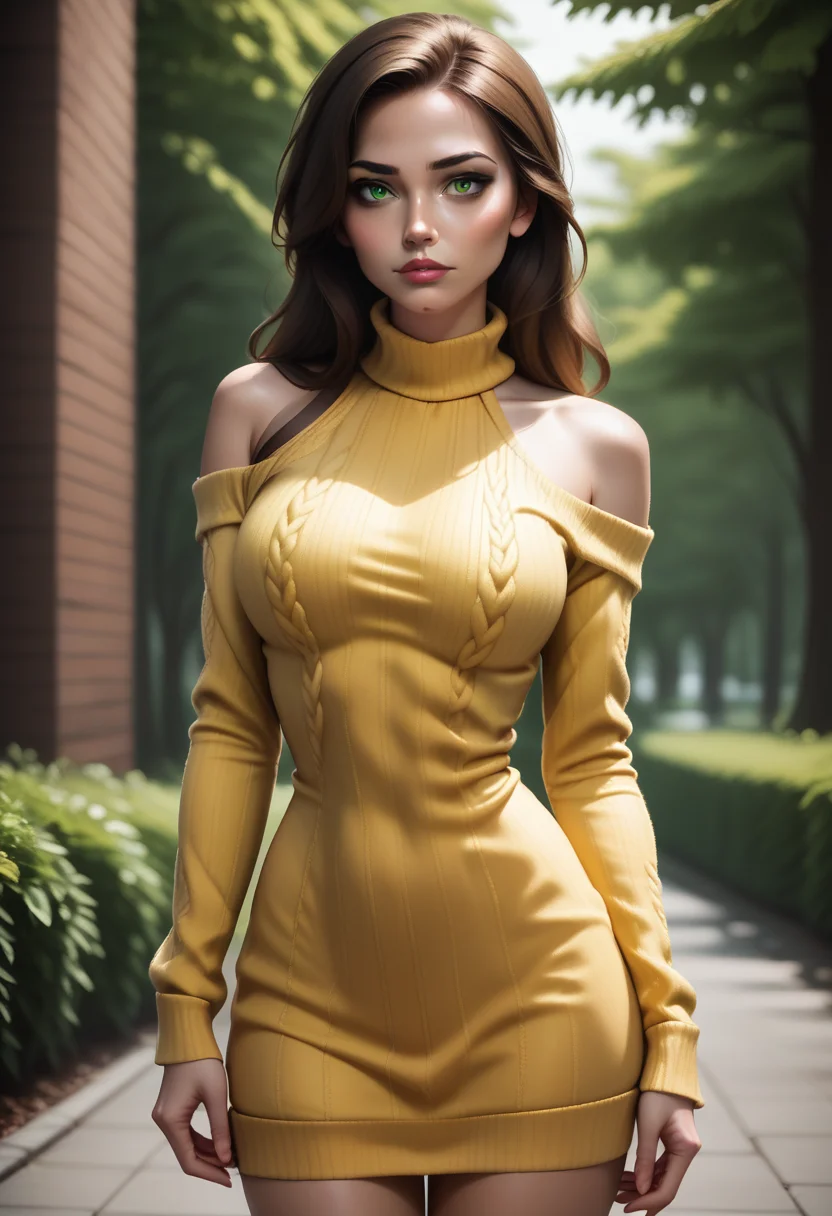 score_9, score_8_up, score_7_up, 1girl, solo, sexy sweater dress, yellow dress, long sleeves, bare shoulders, <lora:Dark_Luciana_Pony_v0.1:0.5> d4rk_luc14n4, brown hair, green eyes, long hair,
