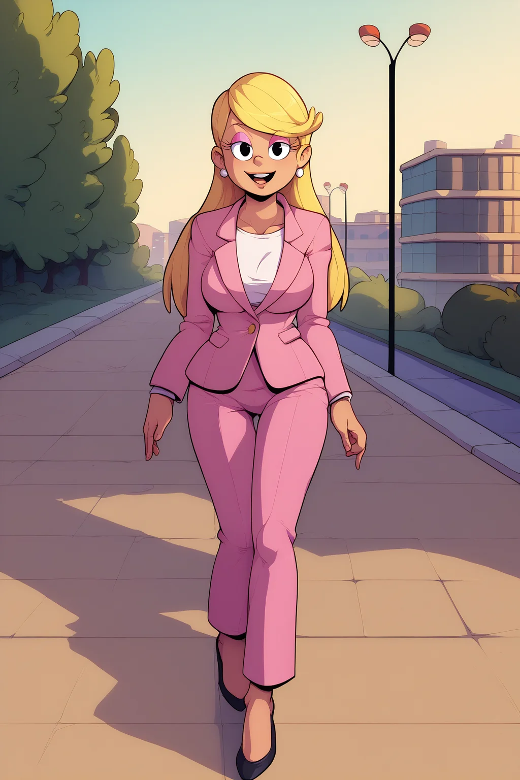 score_9, score_8_up,score_7_up, score_6_up, score_5_up, source_cartoon, (Cartoon:1.0), <lora:add_details_xl:1>,
BREAK
<lora:Lola_Loud_XL:1>, Lola Loud, 1girl, office lady, solo, long hair, blonde hair, bangs, black eyes, cartoon eyes, jewelry, earrings, smile, open mouth, pearl neacklace, pink eyeshadow, (looking at viewer:1.5),
BREAK
full body, medium body, collarbone, breasts, busty, formal, suit, pink blazer, white blouse, pink pants, high heels, black footwear, (walking:1.3),
BREAK
outdoors, city, building, pavement, sunrise, tree, people, <lora:AfrobullPDXLresize:2>, afrobullstyle, <lora:Lunas-Sparrow-SDXL-A1:1>