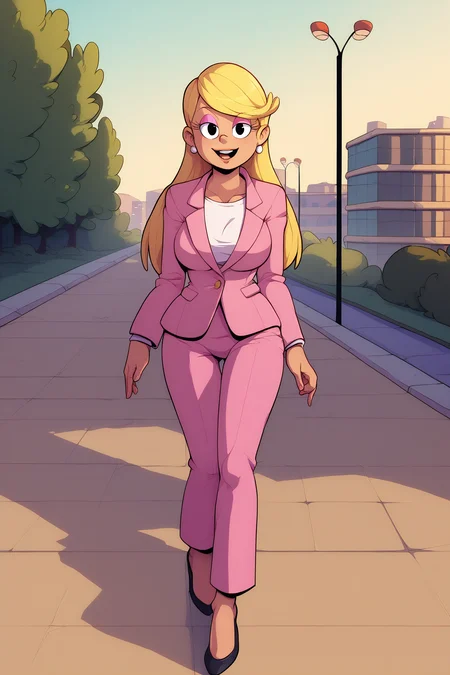score_9, score_8_up,score_7_up, score_6_up, score_5_up, source_cartoon, (Cartoon:1.0), <lora:add_details_xl:1>,
BREAK
<lora:Lola_Loud_XL:1>, Lola Loud, 1girl, office lady, solo, long hair, blonde hair, bangs, black eyes, cartoon eyes, jewelry, earrings, smile, open mouth, pearl neacklace, pink eyeshadow, (looking at viewer:1.5),
BREAK
full body, medium body, collarbone, breasts, busty, formal, suit, pink blazer, white blouse, pink pants, high heels, black footwear, (walking:1.3),
BREAK
outdoors, city, building, pavement, sunrise, tree, people, <lora:AfrobullPDXLresize:2>, afrobullstyle, <lora:Lunas-Sparrow-SDXL-A1:1>