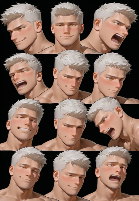 hu99y, boy, expression sheet, multiple angle, multiple view, character sheet:1.9, stubble, (black_background), shirtless, white_hair, colorful_background,
, blush, mature, (brown_eyes:1.3), windy, dynamic shot,
masterpiece, best quality, very aesthetic,absurdres,newest, highest detailed, windy, muscular, open mouth, happy, (curious:1.4), (furious:1.4), (surprised:1.4), shy, (moaning:1.4), (shouting:1.4), (crooked smile), (crazy:1.4), (sad), (cry, tears:1.4), dramatic,