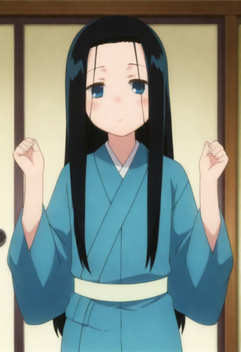 masterpiece, best quality, amazing quality,,, shiny skin,,,,,, anrakutei, blue_eyes, black_hair, very_long_hair, blue_kimono, long_sleeves, wide_sleeves,