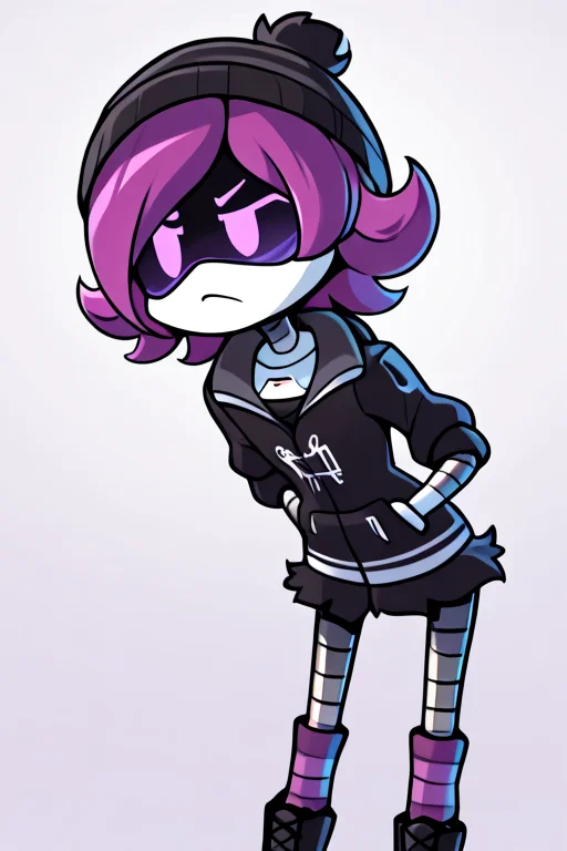 masterpiece, best quality, Detailed, 2D, 1girl, solo, Uzi, Purple Hair, Purple Eyes, Robot, Visor, beanie, black hoodie, striped socks