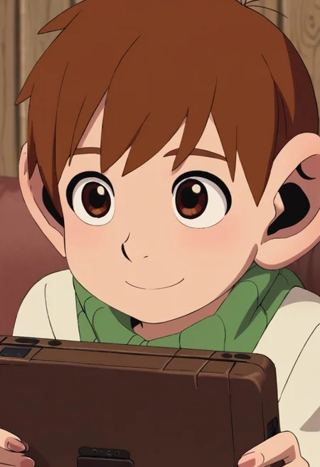 chilchuck_tims, brown hair, brown eyes, solo, at living, playing console game, happy expression