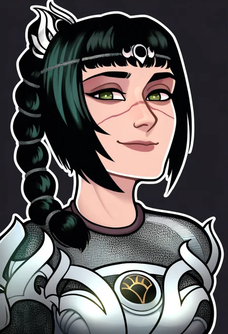sticker, colorful, outline,
masterpiece, best quality, very aesthetic, absurdres,
1girl, solo, shadowheart, black hair, braided ponytail, green eyes, scar on face, circlet, armor, large breasts,
smile, looking at viewer, upper body, simple background, black background <lora:ShadowHeartIllustrious_byKonan:1> <lora:StickerNoobLocon_byKonan:1>