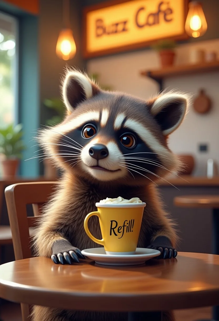 A cute raccoon sitting in a cafe called text The top Buzz-Cafe, yelling Refill!
