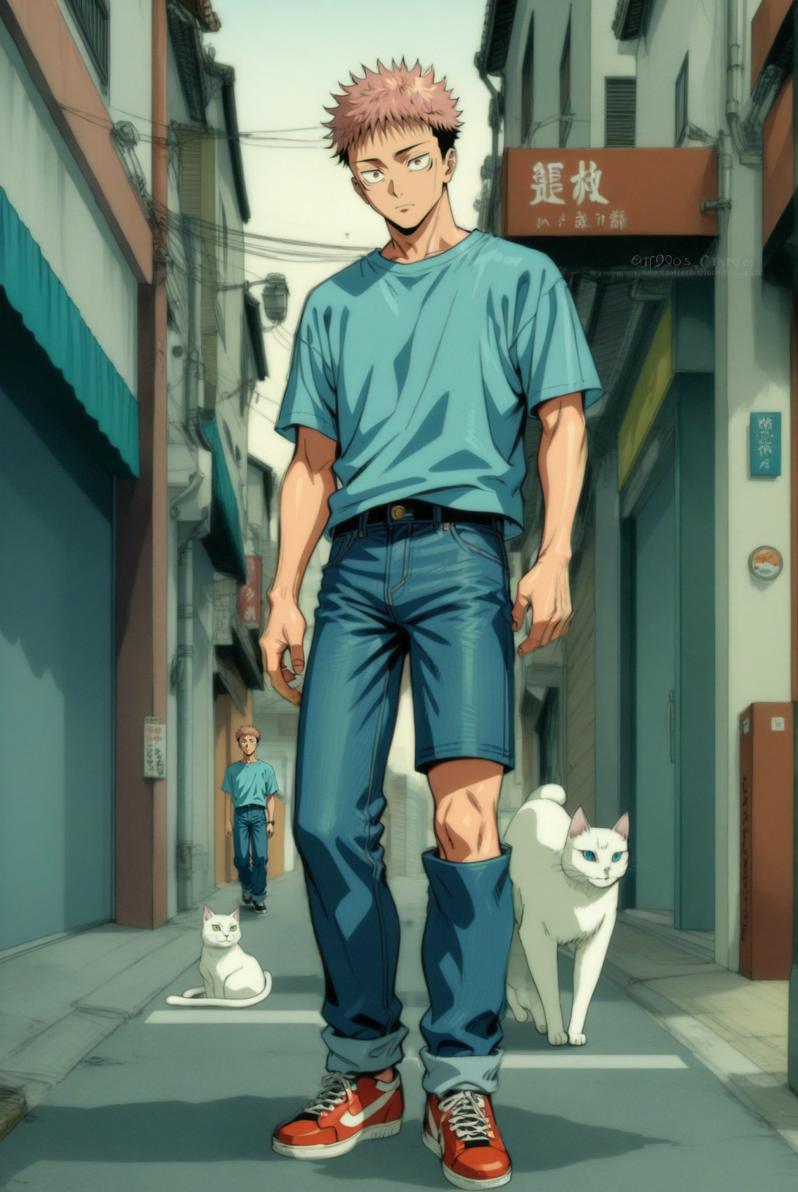 1boy, male focus, itadori yuuji, jujutsu kaisen , (90s anime style:1.5), front view, outdoors, street view, (looking down:1.3), perfecteyes, shirt, denim shorts, (a single white cat sitting next to them) <lora:detailed_notrigger:1> <lora:ParchartXL_CODA:0.2> <lora:Isometric Cutaway:1> <lora:PerfectEyesXL:1> <lora:Surreal Harmony:0.2>