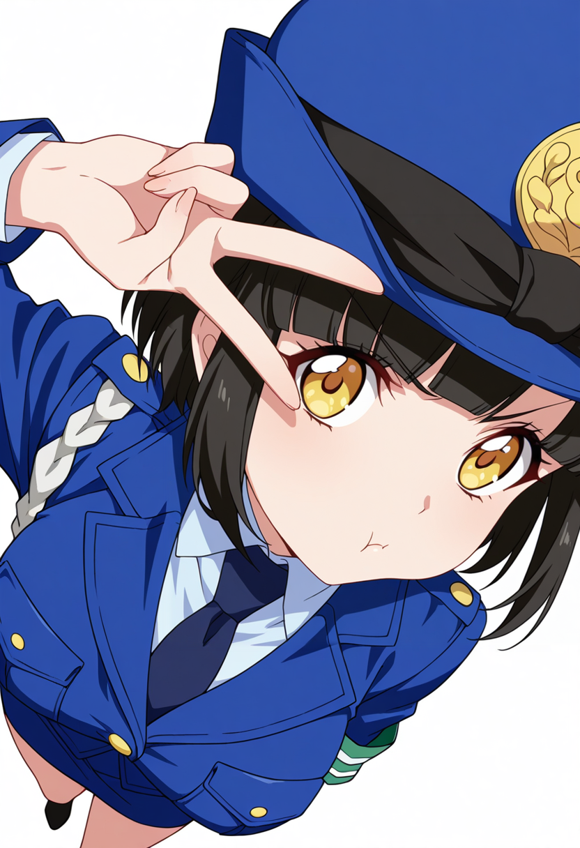 Smooth Quality,masterpiece,very intricate, high quality details, ultra realistic, high detailed skin,detailed enviorement,absurdres,
v over eye,
 <lora:Tachibana_Mei_CNR:0.8> mei_cnr,  black hair, short hair, bob cut, blunt bangs, yellow eyes, large breasts,mei_cnr_def, 1girl,police uniform, blue jacket, shirt, collared shirt, pencil skirt, blue necktie, armband, police hat, breast pocket,black footwear,, pout,, simple background, white background, sideways,solo,