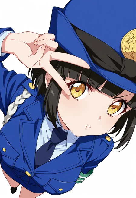 Smooth Quality,masterpiece,very intricate, high quality details, ultra realistic, high detailed skin,detailed enviorement,absurdres,
v over eye,
<lora:Tachibana_Mei_CNR:0.8> mei_cnr, black hair, short hair, bob cut, blunt bangs, yellow eyes, large breasts,mei_cnr_def, 1girl,police uniform, blue jacket, shirt, collared shirt, pencil skirt, blue necktie, armband, police hat, breast pocket,black footwear,, pout,, simple background, white background, sideways,solo,