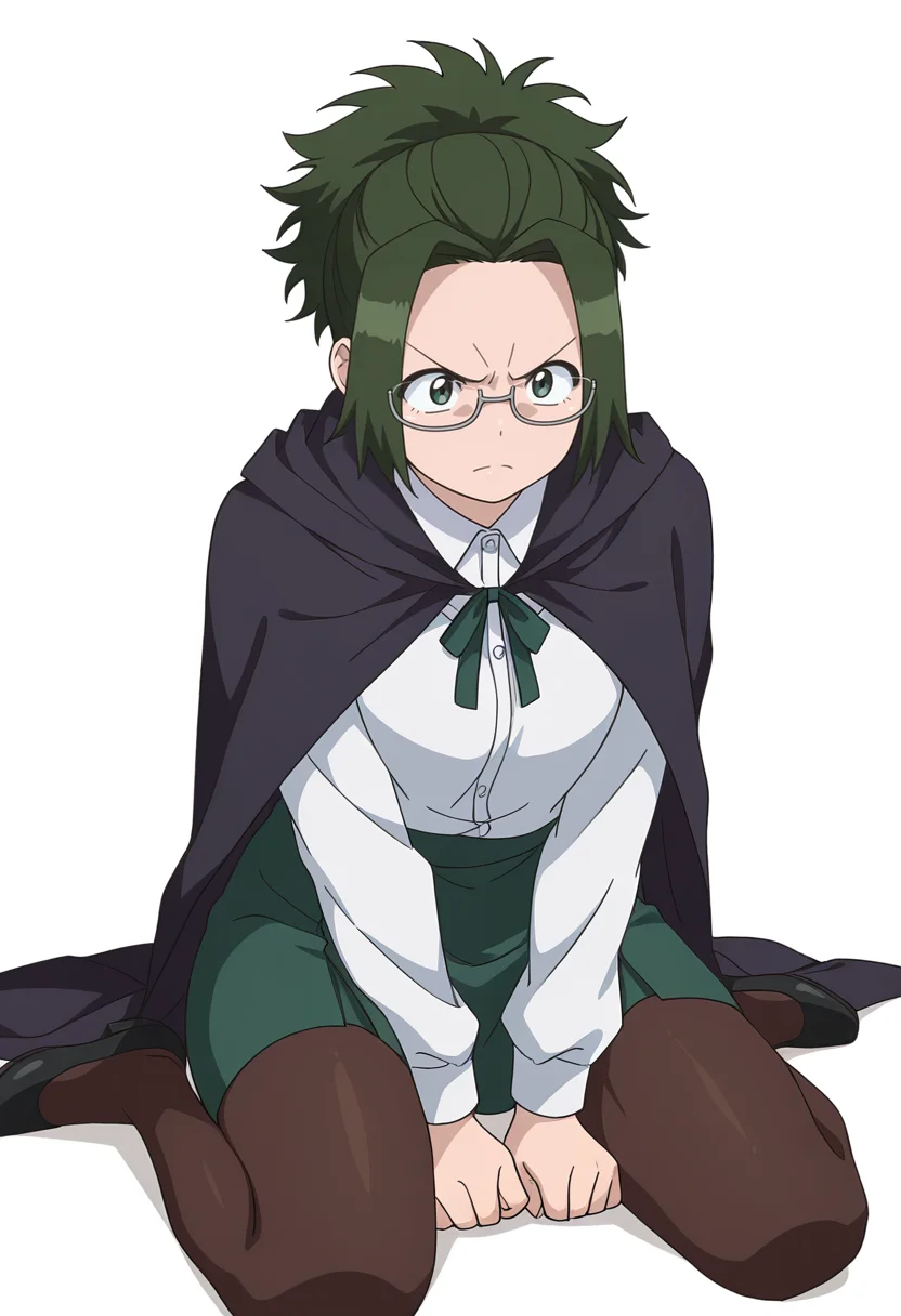 Smooth Quality,masterpiece,very intricate, high quality details, ultra realistic, high detailed skin,detailed enviorement,
simple background, white background, angry,
wariza, solo,
pantyhose, ,cape, , <lora:Agari_Himiko_cnn:0.8>agarihimikocnn,1girl,green eyes, short hair,glasses, ponytail,green hair,