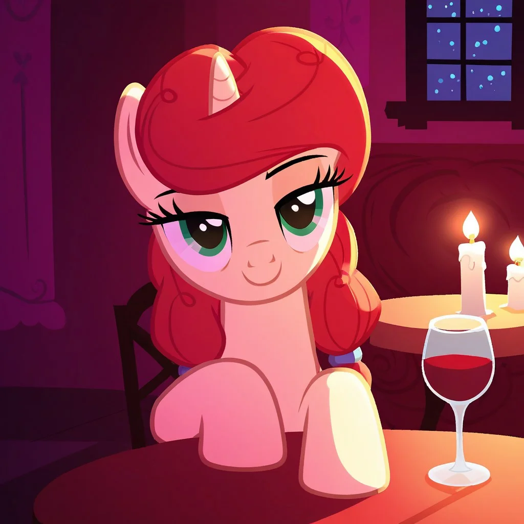 masterpiece, best quality, perfect detail, score_9, score_8_up, score_7_up, rating_safe, 1girl, Fair Devotion, pony, unicorn, terracotta mane and tail, green eyes, light tan fur, G4, female, show accurate, dining room, sitting, sitting at table, sitting in chair, facing the viewer, wine glass, candles, hoof on table, looking at you, pov, bedroom eyes, seductive, smiling, window, night, beautiful, cute