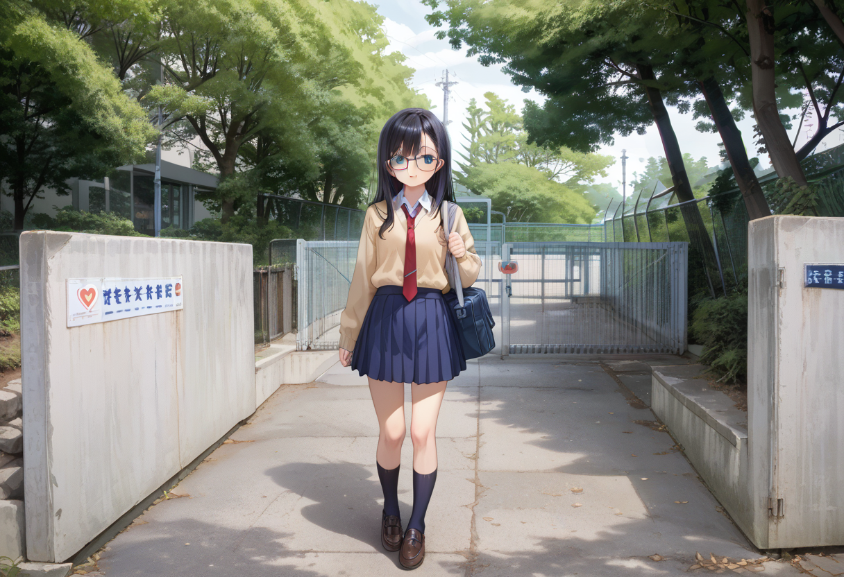 score_9, score_8_up, score_7_up, rating_safe, masterpiece, best quality, absurdres, unity 8k wallpaper, official art, official style, source_anime, uncensored, game cg, megami magazine,
1girl, solo, glasses, black hair, long hair, blue eyes, collared shirt, red necktie, pleated skirt, blue skirt, cardigan, looking at viewer, blush, school bag, 
school gate, tree, scenery, outdoors, fence, day, sign, building, real world location
 <lora:schoolgate_PONY_V1:1>