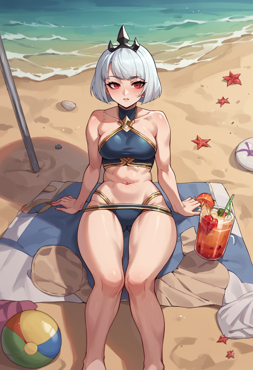 score_9, score_8_up, score_7_up, source_anime BREAK  Orphea, tiara, white hair, short hair, red eyes, swimsuit, beach <lora:OrpheaPonyXLP-000040:1>