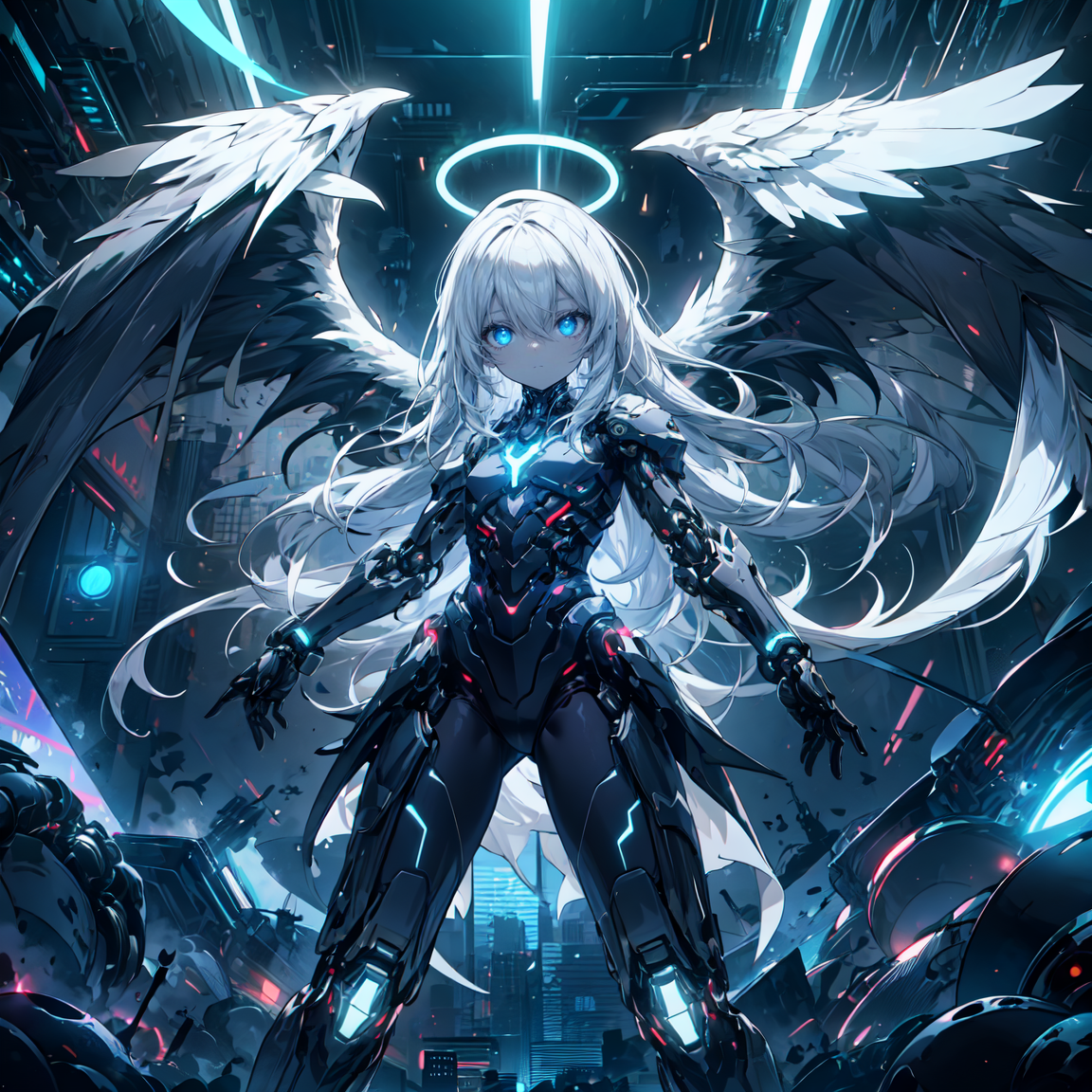 (masterpiece), 1girl, (solo:1.2), white hair, ahoge, absurdly long hair, blue eyes, hair between eyes, pale skin, expressionless, flat chest, mechanical parts, black theme, dark aura, glowing eyes, night, neon, cyberpunk, effects, halo, looking at viewer, mechanical wings, big wings, space, white_theme, white cape,  <lora:landing_wings:1>,  <lora:r1ge - AnimeRage:0.3>,  <lora:add_detail:1>, blue trim, fighting stance
