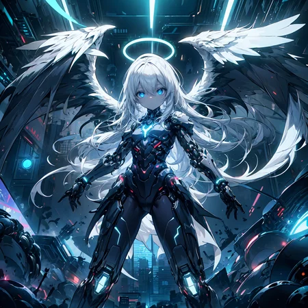 (masterpiece), 1girl, (solo:1.2), white hair, ahoge, absurdly long hair, blue eyes, hair between eyes, pale skin, expressionless, flat chest, mechanical parts, black theme, dark aura, glowing eyes, night, neon, cyberpunk, effects, halo, looking at viewer, mechanical wings, big wings, space, white_theme, white cape,  <lora:landing_wings:1>,  <lora:r1ge - AnimeRage:0.3>,  <lora:add_detail:1>, blue trim, fighting stance
