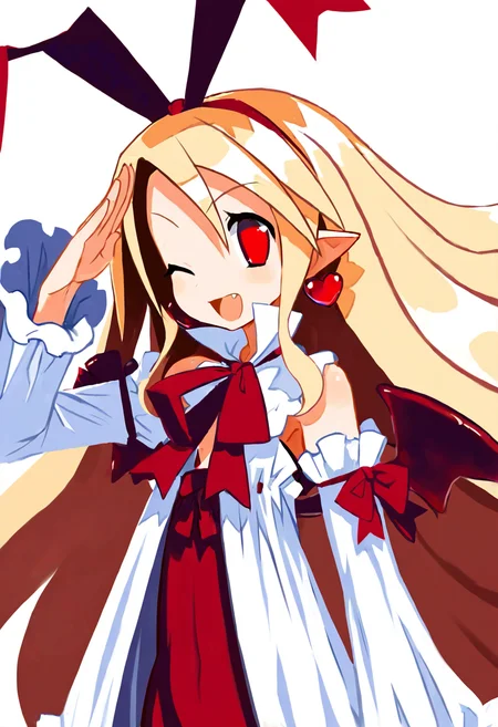 (masterpiece,best quality,ultra_detailed,highres,absurdres:1.2),  1girl, solo, eyelashes, (beautiful eyes),    upper body, Fallen Angel Flonne, 1girl, solo, long hair, looking at viewer, smile, open mouth, blonde hair, red eyes, white background, bow, ribbon, jewelry, heart, hairband, earrings, detached sleeves, one eye closed, pointy ears, fang, salute, heart earrings, white dress, upper body,   from above, dynamic pose, cowboy shot, smile, looking at viewer, shiny skin,  ,<lora:HaradaTakehito_NAI:1.0>,
