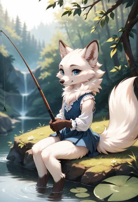 score_9, score_8_up, score_7_up, source_furry, high quality, perfection, detailed, aesthetic, well-lighted,
1girl, solo,
nature scenery, river, forest, bokeh, blurred background,
furry female, semi-anthro, furred body, fluffy fur, beautiful girl, cute girl, adult, youthful, beautiful face, beautiful eyes, perfect eyes, detailed eyes,
arctic fox, white fur, blue eyes, (good hands:1.2),
white blouse, blue sleeveless dress,
sitting, fishing, holding fishing rod,