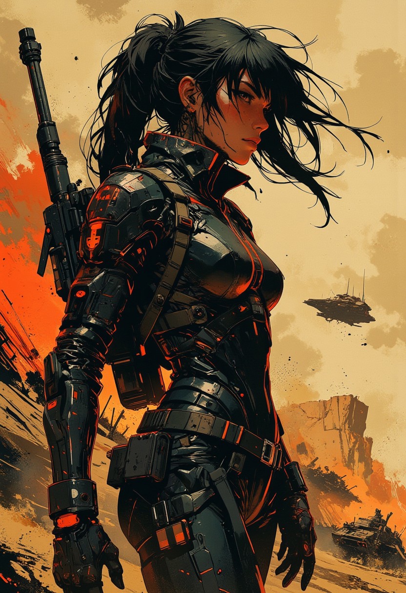 in the style of ck-mgs, nistyle, Inkplash art on rice paper, sepia, henna, Silhouette Art, magnificent, inksplash, closeup portrait, female bounty hunter, flowing black hair, reflective black and neon red armor, futuristic armor, a rifle strapped to her back, holstered pistol, holding hand up to block dust flying in her eyes, abstract background suggesting a harsh desert world, Spaceships flying overhead, dust storm, windy, 
Cowboy Shot, close up,