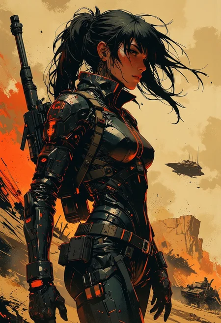 in the style of ck-mgs, nistyle, Inkplash art on rice paper, sepia, henna, Silhouette Art, magnificent, inksplash, closeup portrait, female bounty hunter, flowing black hair, reflective black and neon red armor, futuristic armor, a rifle strapped to her back, holstered pistol, holding hand up to block dust flying in her eyes, abstract background suggesting a harsh desert world, Spaceships flying overhead, dust storm, windy,
Cowboy Shot, close up,