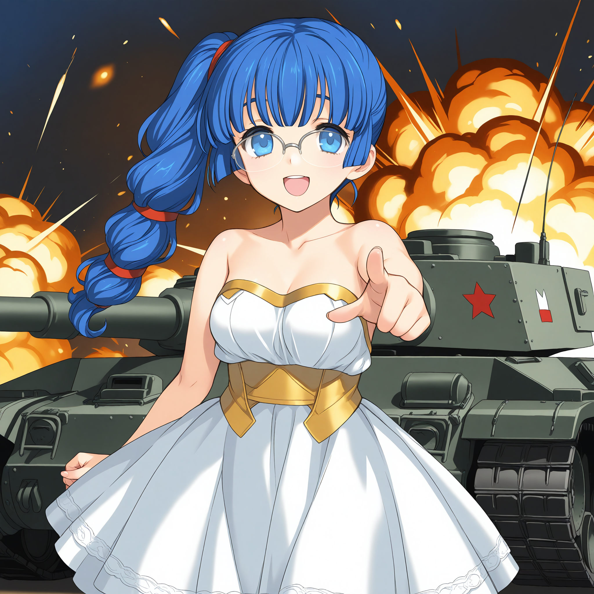 <lora:Maria_Custard_1_nai-000062:1>,Maria Custard,glasses,side ponytail,
bare shoulders,collarbone,white dress,strapless dress,backless dress,sleeveless dress,backless dress,
1girl,solo,smile,explosion,tank,front view,open mouth,pointing at viewer,