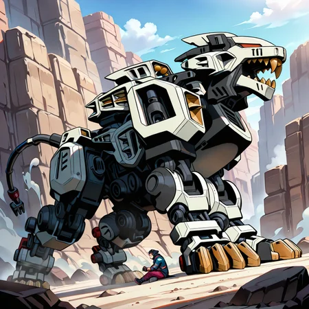 (masterpiece, best quality, amazing quality, very aesthetic, absurdres, newest,),
(<lora:Liger_Zero:1>,liger zero, robot,feral,mecha),from side, Sitting, roaring,
wastland,rock,
