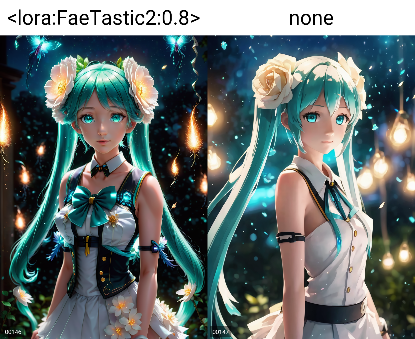 face focus, masterpiece, best quality, 1girl, hatsune miku, white roses, petals, night background, fireflies, light particle, solo, aqua hair with twin tails, aqua eyes, standing, pixiv, depth of field, cinematic composition, best lighting, looking up
<lora:FaeTastic2:0.8>