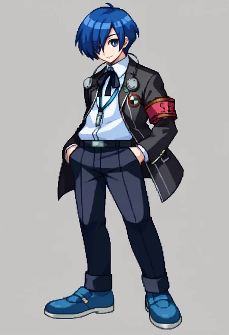 score_9, score_8_up, score_7_up, source_anime, BREAK, solo, 1boy, smile, looking at viewer, <lora:Arcana-Heart-Sprites-pdxl_Fp:1>, simple background, full body, standing, <lora:MakotoP3-pdxl_Fp:1>, makotop3, school uniform, gekkoukan high school uniform, headphones, blue hair, blue eyes, short short hair, black jacket, black pants, hair over one eye, hand in pocket, looking at viewer, blue footwear, ribbon,armband,