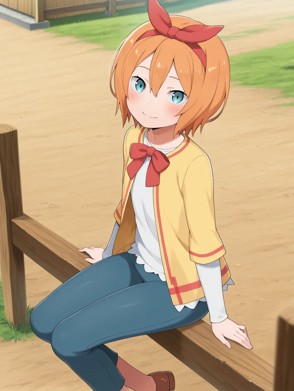 <lora:Petra Illu:1>1girl, solo,
petr4, short hair, orange hair, hair between eyes, blue eyes, bow hairband,
petravillage, white shirt, red bowtie, yellow jacket, short over long sleeves, blue pants, brown footwear,
sitting on fence, looking at viewer, closed smile, blush, village, day, depth of field, grass, wooden fence,, masterpiece, best quality, amazing quality