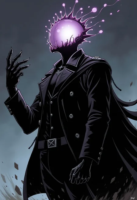 d4rkc0mic, <lora:dark-comic:0.8>, Closeup of a dark superhero with a floating orb for a head, wearing a black trench coat. He is holding his gloved hand up, making a clawing gesture.