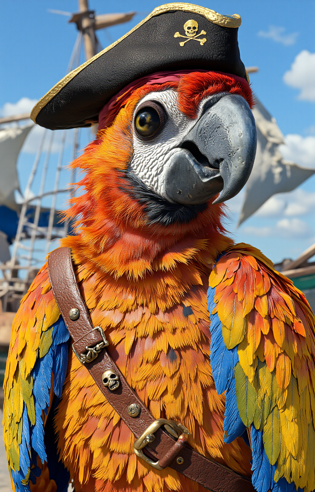 CGI-rendered image of a parrot dressed as a pirate. The parrot is anthropomorphic, with a large, expressive yellow eye and a vibrant plumage of orange, red, and yellow feathers. It wears a classic pirate hat, featuring a patch over its eye, with a skull and crossbones insignia. The parrot's beak is large and curved, and it has a textured, realistic appearance.The parrot is adorned with a brown leather strap across its chest, secured with a large, ornate buckle. The strap is decorated with small metal embellishments and a skull and crossbones charm. The feathers around its neck and chest are particularly detailed, with individual strands of feathers clearly visible.In the background, there is a portion of a pirate ship with its sails unfurled, suggesting a sea voyage. The ship is partially obscured by the parrot, but the rigging and masts are visible. The sky is a bright blue with scattered clouds, indicating a clear, sunny day. The overall scene evokes a sense of adventure and exploration, with a playful and whimsical tone., <lora:aidmaImageUpraderv0.3:0.4>, aidmaimageupgrader, <lora:diffusion_pytorch_model:1>, <lora:aidmaMJ6.1_v0.5_3:0.7>, aidmaMJ6.1, ultra quality, ultra detailed, intricate details
