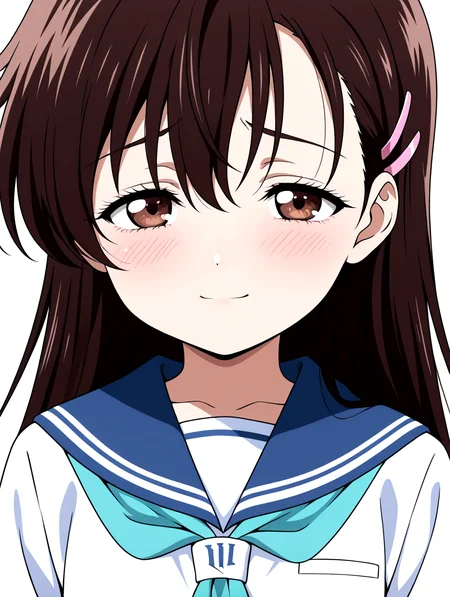 masterpiece,best quality,newest,absurdres,highres,detailed eyes,beautiful,detailed background,perfect eyes,anime coloring,anime screencap,white background,front view,portrait,
sad,light smile,blush,looking at viewer,peaceful feeling,
nsfw,explicit,<lora:add-detail-xl:1>,<lora:ponyv4_noob1_2_adamW-000017:0.8>,wear clothes,
<lora:IL-SETSUMI-10:1>,narcissu,il-setsumi_sakura,brown hair,brown eyes,school uniform,long hair,white serafuku,pink hairclip,blue skirt,aqua neckerchief,age down,blue sailor collar,