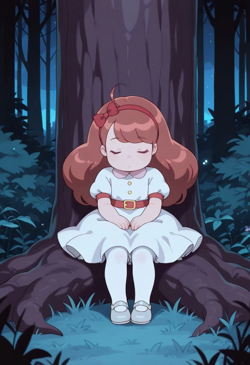 masterpiece,best quality,
bandpc, b33, 1girl, solo, little girl, child, blue eyes, brown hair, long hair, red hairband, red hair bow, white dress, short sleeves, puffy sleeves, red belt, white pantyhose, silver flat shoes, sitting, under a tree, hands on lap, eyes closed, sleeping, forest, night, cowboy shot, upper body, closeup,
