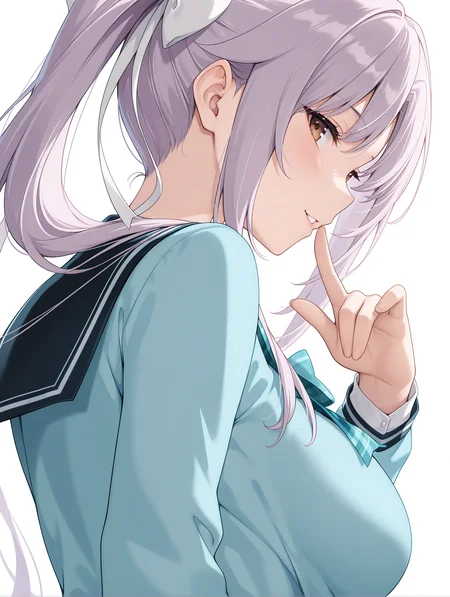 masterpiece,best quality,newest,
1girl,solo,
<lora:n_hime_ilxl_v1.5:1>,hime,brown eyes,purple hair,white hair ribbon,ponytail,h_clothes,school uniform,plaid bow,light blue cardigan,<lora:Fixhands_anime_bdsqlsz_V1:1>,white background,looking at viewer,simple background,upper_body,looking_at_viewer,:o,smile,profile,naughty_face,dynamic_angle,cinematic_angle,dutch angle,cowboy_shot,front view,light_blush,finger to mouth,