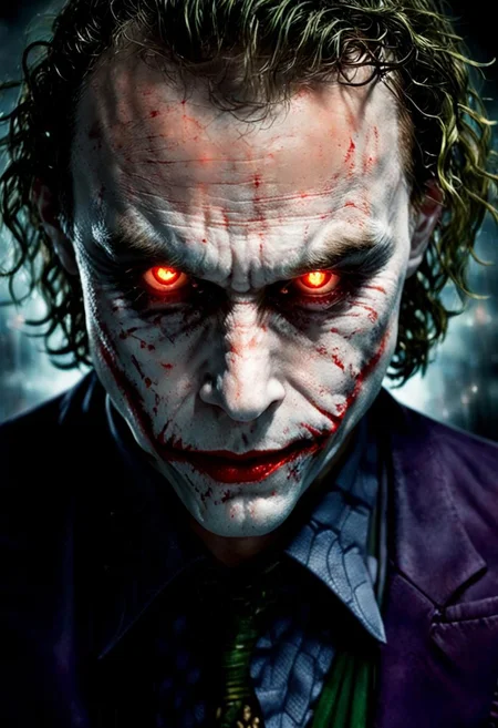 Photo of the joker, red glowing eyes, dark background, headshot, fiery eyes, lens flares for eyes, laser eyes portrait, joker2