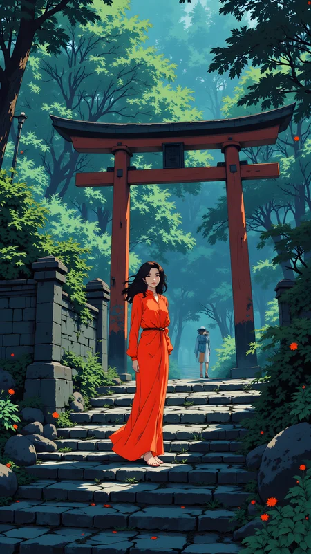 Beautifully detailed and serene illustration of a person standing in front of a traditional Japanese torii gate. The individual has long, dark hair that falls over their shoulders, adding to the overall sense of movement and texture. They are wearing a bright red dress that stands out against the greenery of the surrounding forest.
The torii gate is depicted in a realistic style, with its vibrant red color contrasting nicely with the lush green foliage. The gate is situated at the top of a stone staircase, which leads up into the dense forest. The trees and plants are rendered with intricate details, creating a sense of depth and realism.
Overall, this illustration captures a moment of quiet beauty and tranquility, with the combination of the person's attire, the soft lighting, and the detailed rendering creating a visually engaging and emotionally resonant scene. The use of color and composition adds depth and character to the artwork, making it a powerful and evocative piece.
j_art, anime, anime art, <lora:FLUX\jul\J_Anime:1.0>, <lora:FLUX\Anime Art V3:0.1>, <lora:FLUX\RM_Artistify_v1.0M:0.1>, <lora:FLUX\RetroAnimeS1.1:0.1>