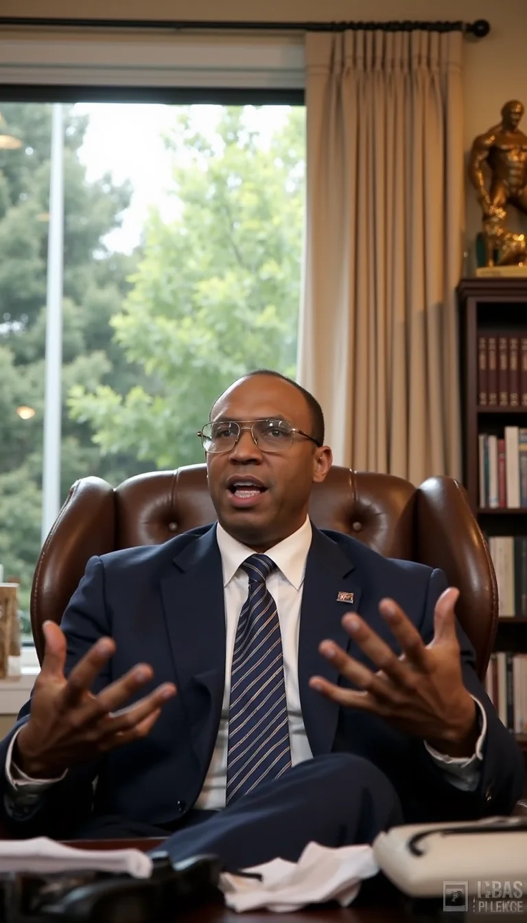 The image is a photograph of a large african_american bodybuilder @brtlmss1 @snlln1 sean allan man in his 20-30s seated behind a large, dark brown leather office chair. The man has short, neatly cut hair and is wearing large, clear, aviator-style glasses. He is dressed in a dark blue suit with a white dress shirt underneath, and a striped tie with subtle vertical lines. His hands are raised in a gesturing motion, palms facing outward, as if he is explaining or discussing something. 
The background features a large window with beige curtains that are slightly open, allowing natural light to filter into the room. The window frame is visible, and the outside view shows green foliage, suggesting the office is located in a building with a view of a lush garden or park. On the right side of the image, there is a bookshelf filled with books and a few other decorative items, including a large golden bodybuilder statue. The desk in front of the man is cluttered with papers and a few other objects, adding to the professional and busy atmosphere of the office. The overall color palette is warm, with the rich brown of the leather chair contrasting against the light beige of the curtains and the green of the outside view.
 brutalmass  hsmuscleboy 
<lora:LoannesAlanus.v1.@snlln1.char.flux1d_epoch_23:0.9>