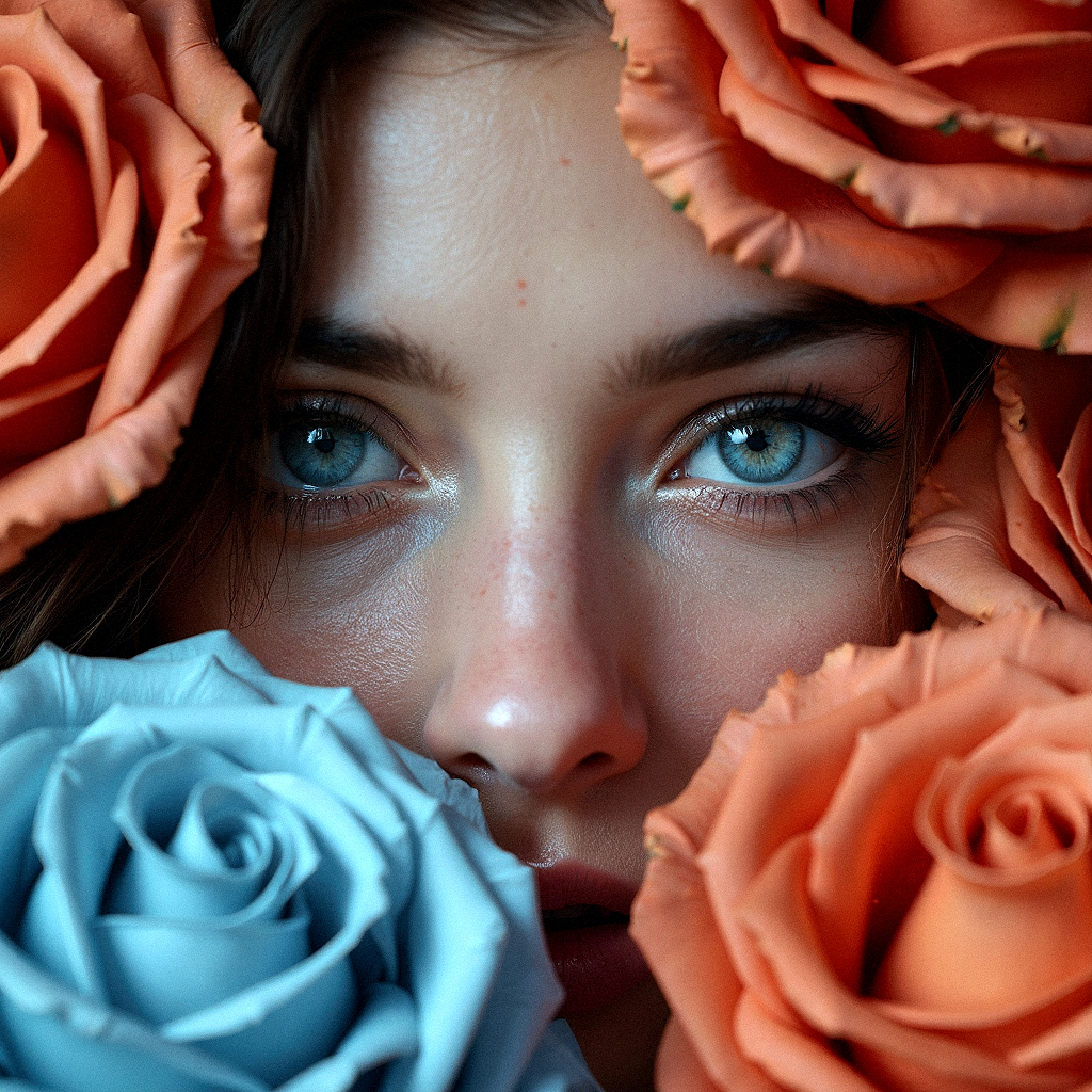 Generate an ultra-realistic, close-up image of a woman’s eyes, framed by an abundant arrangement of roses in warm terracotta and cool pastel blue hues. Her eyes, a deep and reflective blue-gray, convey a sense of mystery and calm, framed by softly curved eyebrows that accentuate her penetrating gaze. The roses surround her face, their petals unfolding in layers, creating a natural frame that contrasts with the smoothness of her skin. The lighting is subtle and soft, with gentle shadows that enhance the texture of the petals and highlight the subtle contours of her face.

The roses should be highly detailed, with each petal showing fine veins and a soft gradient of color. The warm terracotta tones should blend seamlessly with the cool blues, creating a harmonious visual balance that complements her eye color. The focus should be on capturing the photorealistic textures of her skin, the vibrant intensity of her eyes, and the lifelike quality of the roses, with an emphasis on the tactile contrast between the delicate petals and the smoothness of her skin.


































